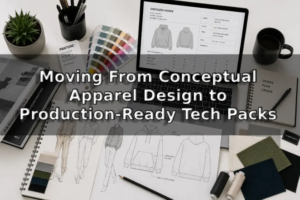 Apparel design, Designer converting fashion sketches to tech packs